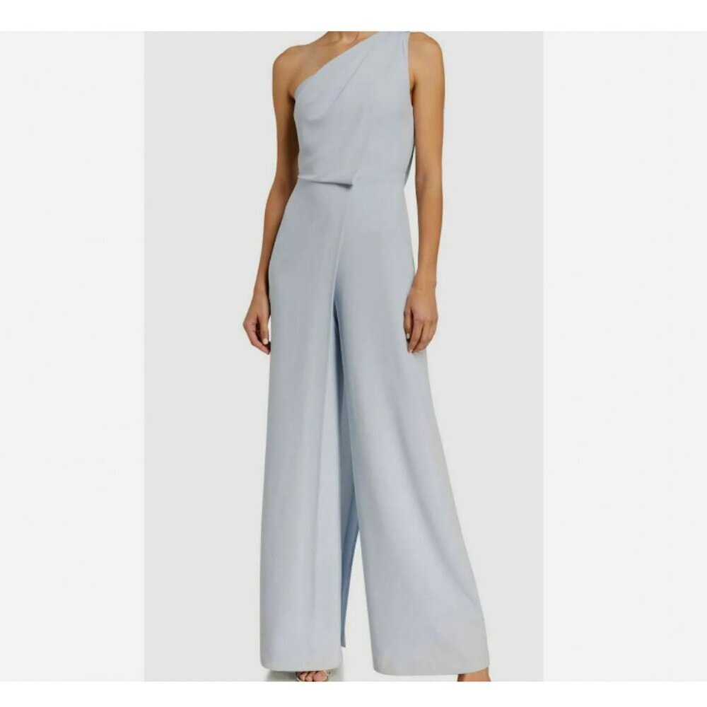 Halston Heritage Draped One-Shoulder Jumpsuit In Blue Breeze Feminine Minimalist